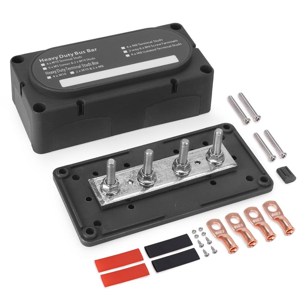 Power Distribution Block Module Heavy Duty Bus Bar 4 Studs Single Row 12-48V Copper Nickel Nylon M6 M8 M10 For Truck Car Boat