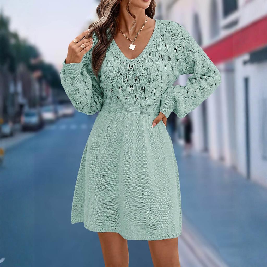 Women's Casual V-neck Hollow-out Scale Texture Solid-color Long-sleeve Sweater Dress