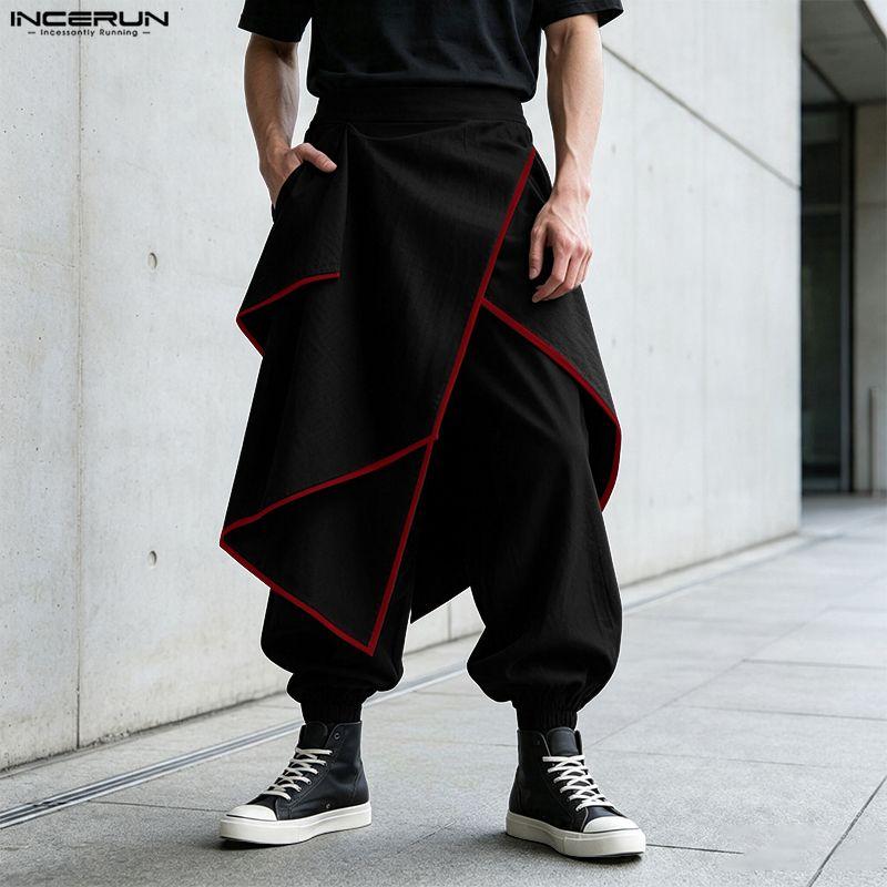 INCERUN Men Back Elastic Waist Layers Punk Gothic Cosplay Casual Long Harem Pants Trousers