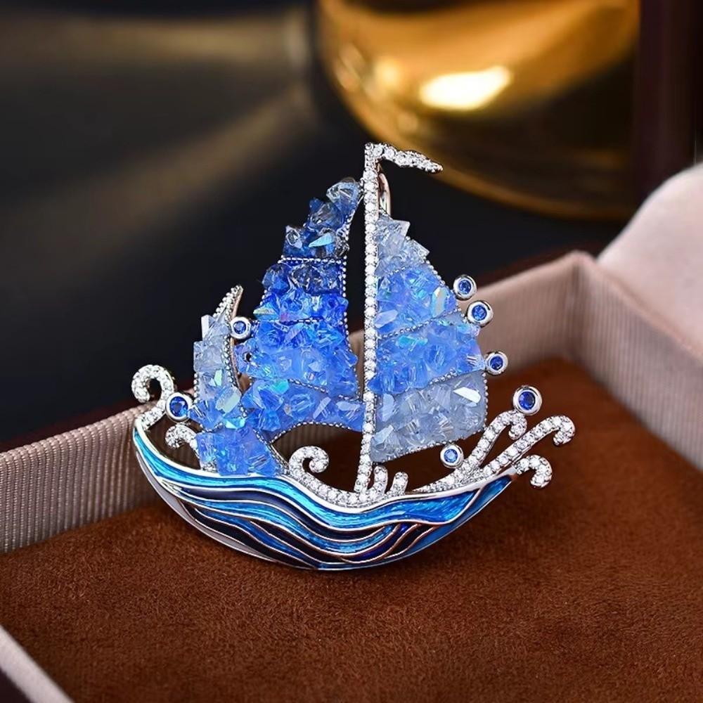 Fashion Blue Crystal Lucky Ship Brooch Pins Handmade DIY Enamel Brooch Rhinestones Jewelry Lapel Pin Accessories Women