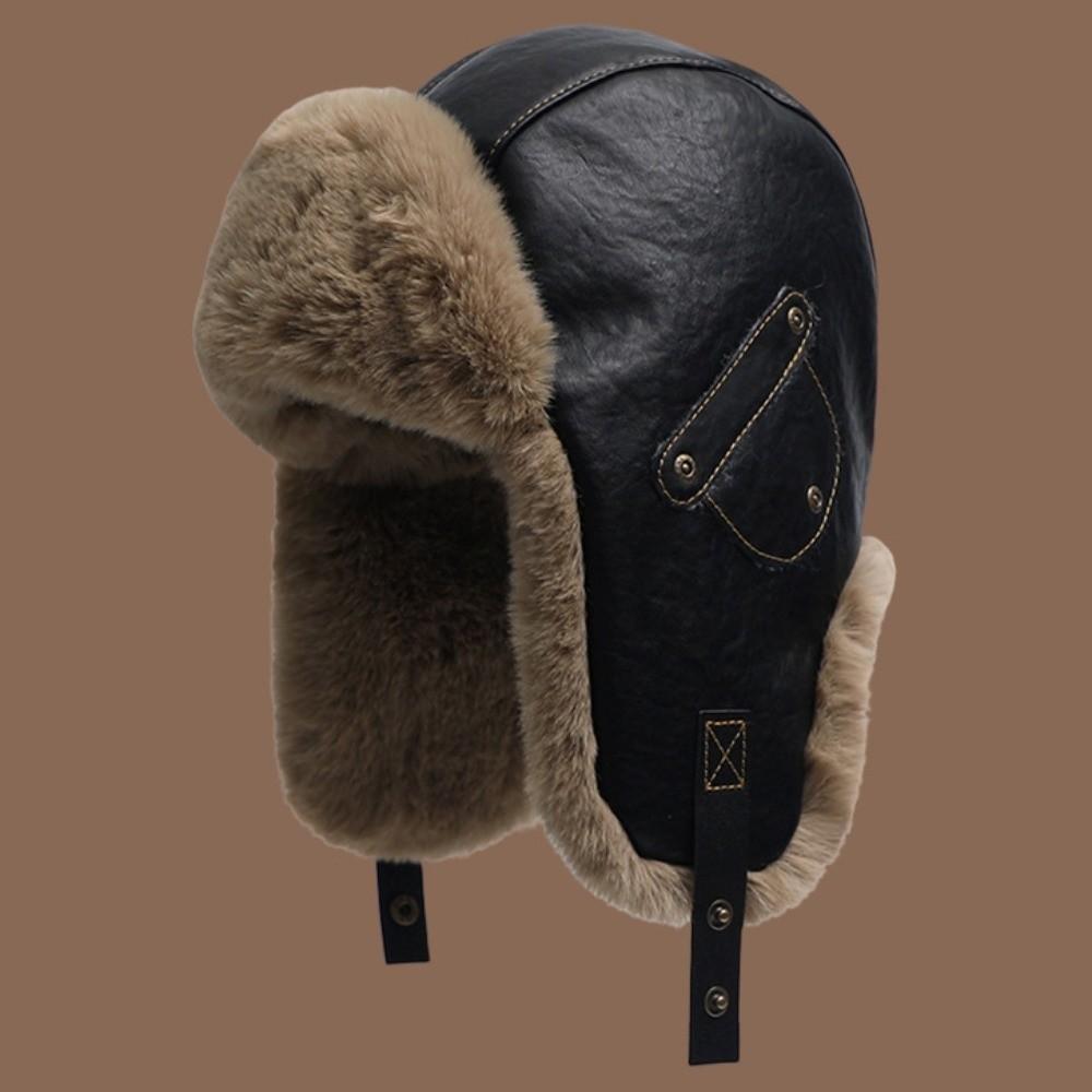 Vintage Pu Leather Pilot Hat Thicked Ear Protection Hat Neutral Winter Ski Cap Cycling