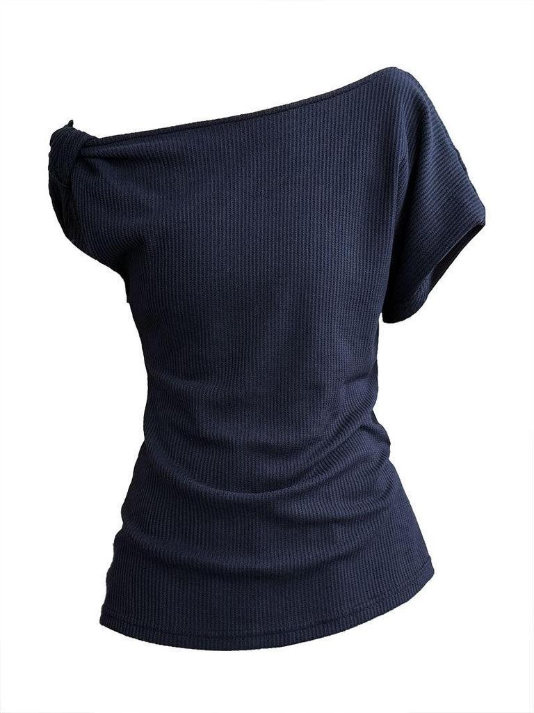 LUXI Asymmetrical One-Shoulder Waffle Knit Top - Summer Slim Fit for Women