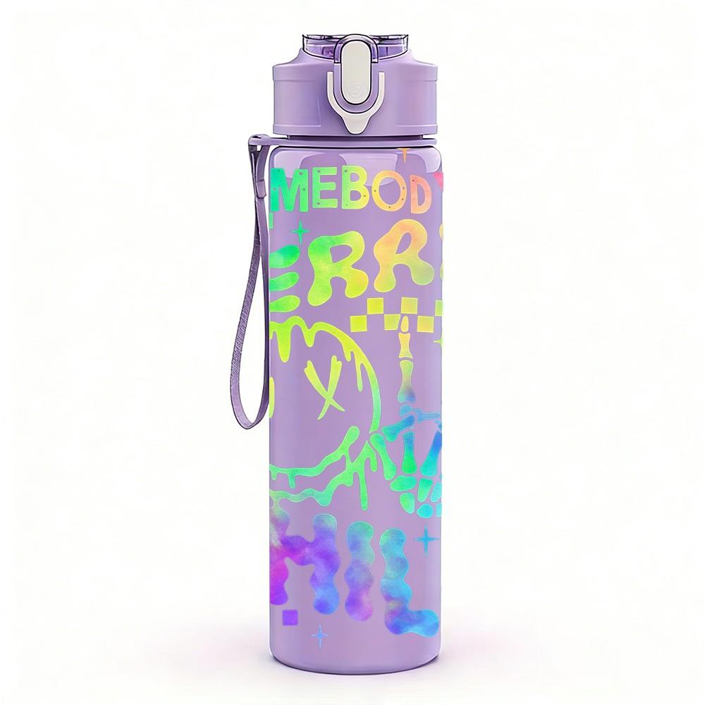 1PC Merry Merry Merry Child Rainbow Print 750ml Color Plastic Sports Water Bottle Leakproof Flip Straw Lid Suitable for Sports Office Home Use