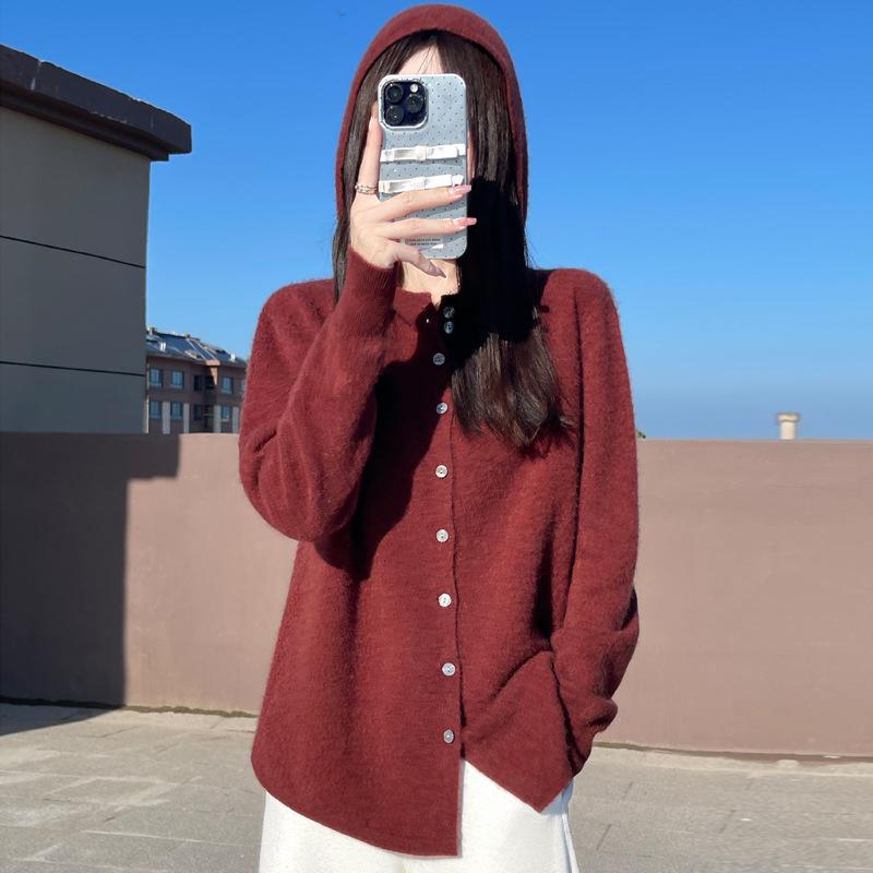 Pure Wool Women's Autumn/Winter 2024 Round Neck Hooded Button-Up Knit Cardigan Sweater Coat