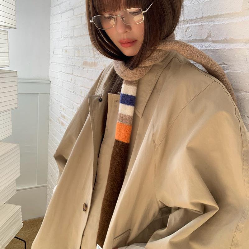 Gestreifter Farbpassender Retro Gestrickter Wollschal Schmaler Langer Schal für Damen Frühling