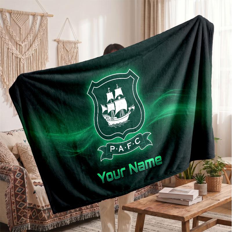 Plymouth Argyle FC Personalized Fleece Blanket With Football Logo, Custom Name Text Soft Warm Home Throw Blanket