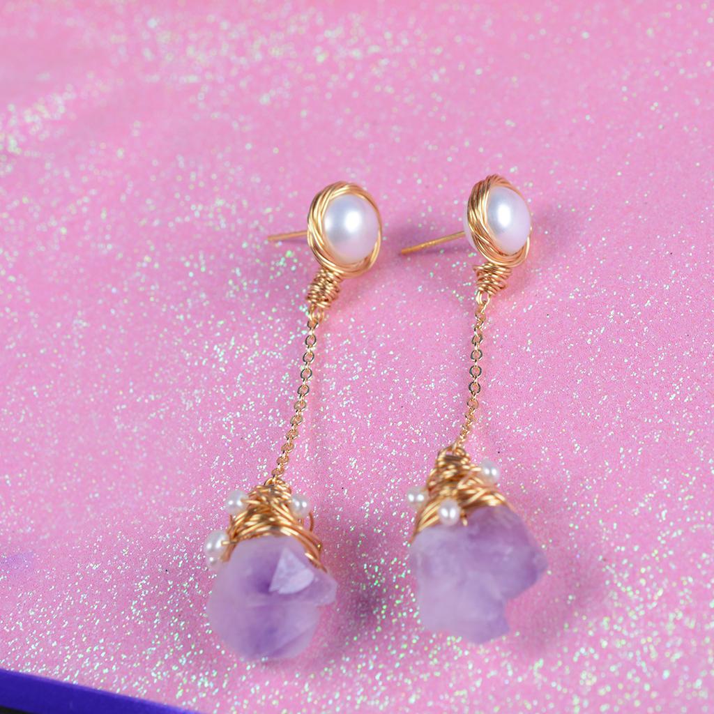 French light luxury natural freshwater pearl stud earrings ins premium sense 11k gold injection retro Internet celebrity amethyst earrings