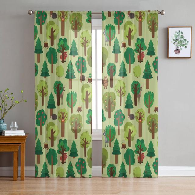 Simple Woods Green Trees Tulle Voile Curtains Bedroom Hotel Home Decor Sheer Curtains For Living Room Chiffon Printed Drapes