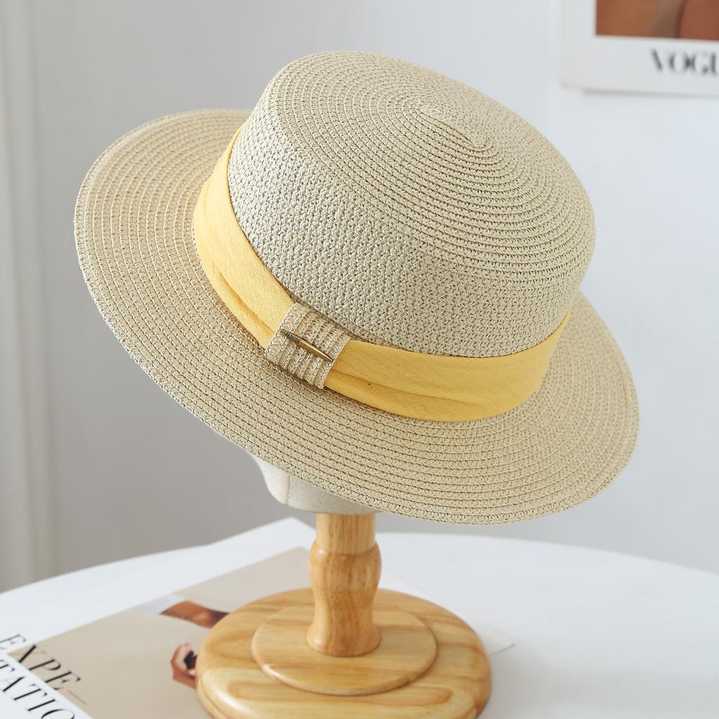 Japanese and Korean top hat Flat top straw hat Women's high-end straw hat, sun protection sun hat Holiday straw hat Seaside beach hat