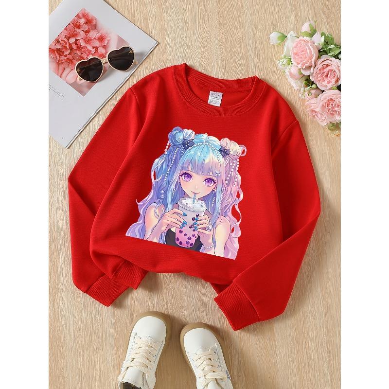 Kids Sweatshirt ,Crew Neck Fashion Top, Fun "Anime Girl Bubble Tea" Patterned Sweatshirt, for Everyday Casual Wear, for All Kinds of Daily Outfits