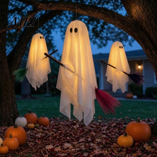 Hanging Ceiling Party Accents 3 Pcs Halloween Ghost Decorations, Spooky with Broom, Outdoor Seasonal Supplies Large Flying White for Tree Porch
