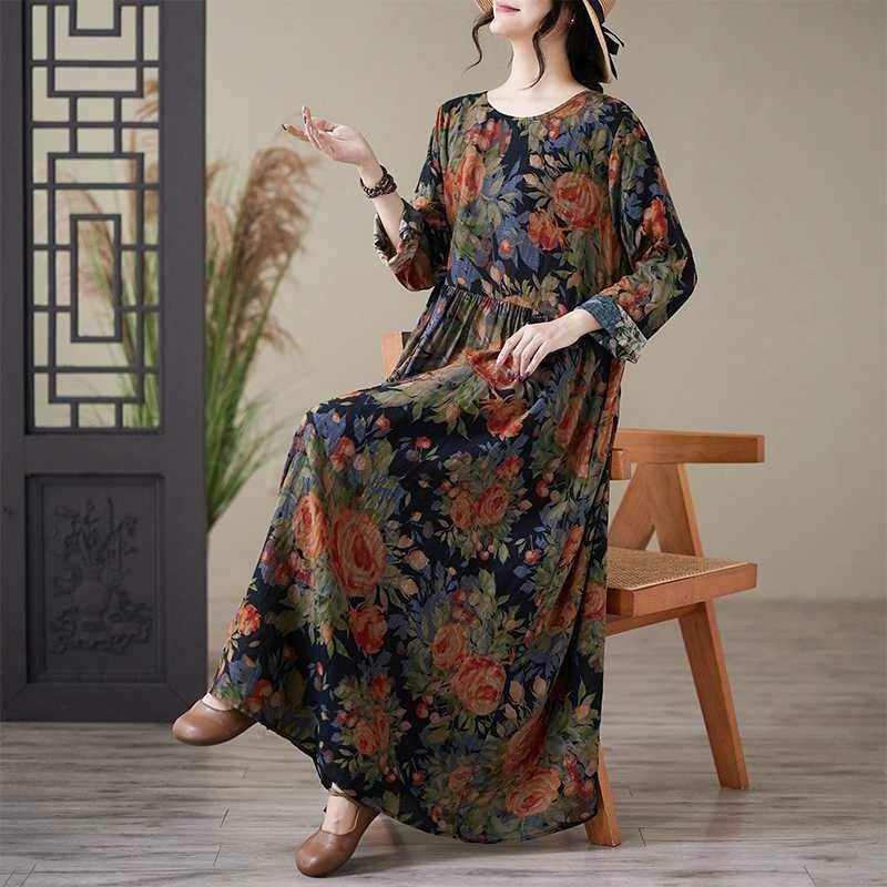 Printed Round Neck Loose Plus Size Long Sleeve Dresses for Women