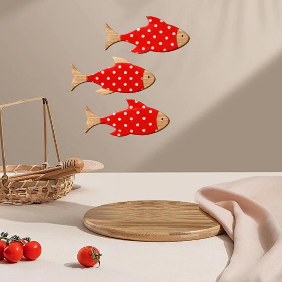 3 Pcs Wood Fish Nautical Wall Decor, Rustic Hanging Tropical Fish Sculpture, Vintage Beach Coastal Theme Fish Wall Art for Lake House, Bathroom,