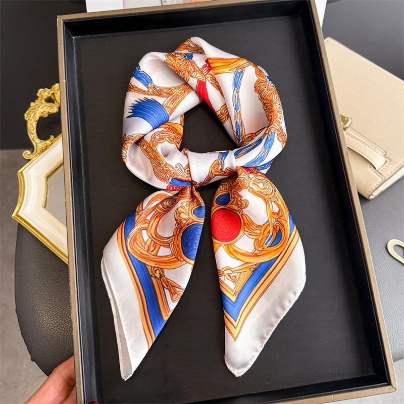 Luxury Vintage Printed Silk Like Square Scarf For Women