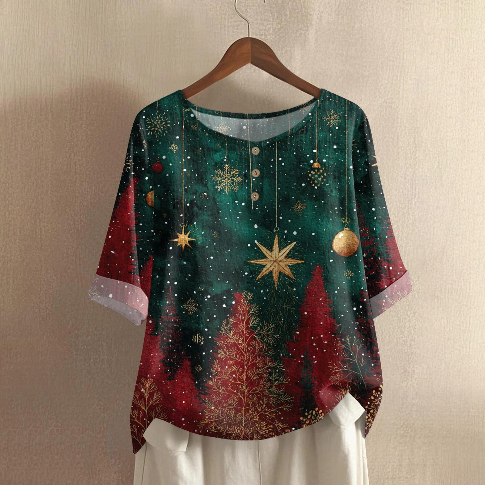 

Женская модная и повседневная рубашка с полурукавом и круглым вырезом, с рождественским принтом, блузка из хлопка и льна S