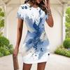 Women Plus Size Round Neck Short Sleeve Blue White Abstract Printed Fitted Mini Dress