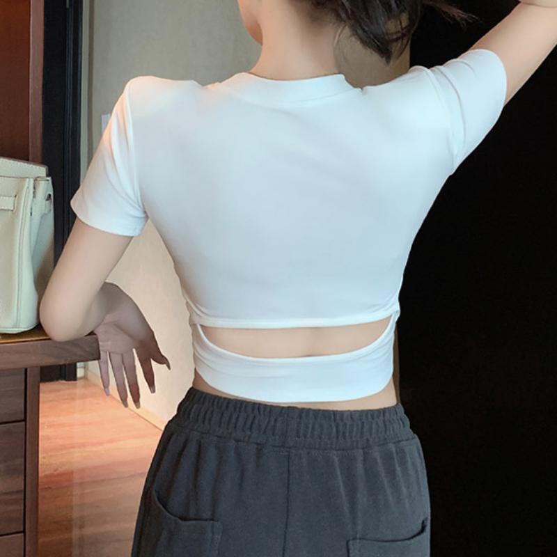 Casual Short Sleeve Slim Fit White T-shirt for Women Summer Backless Hollow Sexy Crop T Shirt Women Clothing Round Neck Simple Cotton Tee Shirt 24381