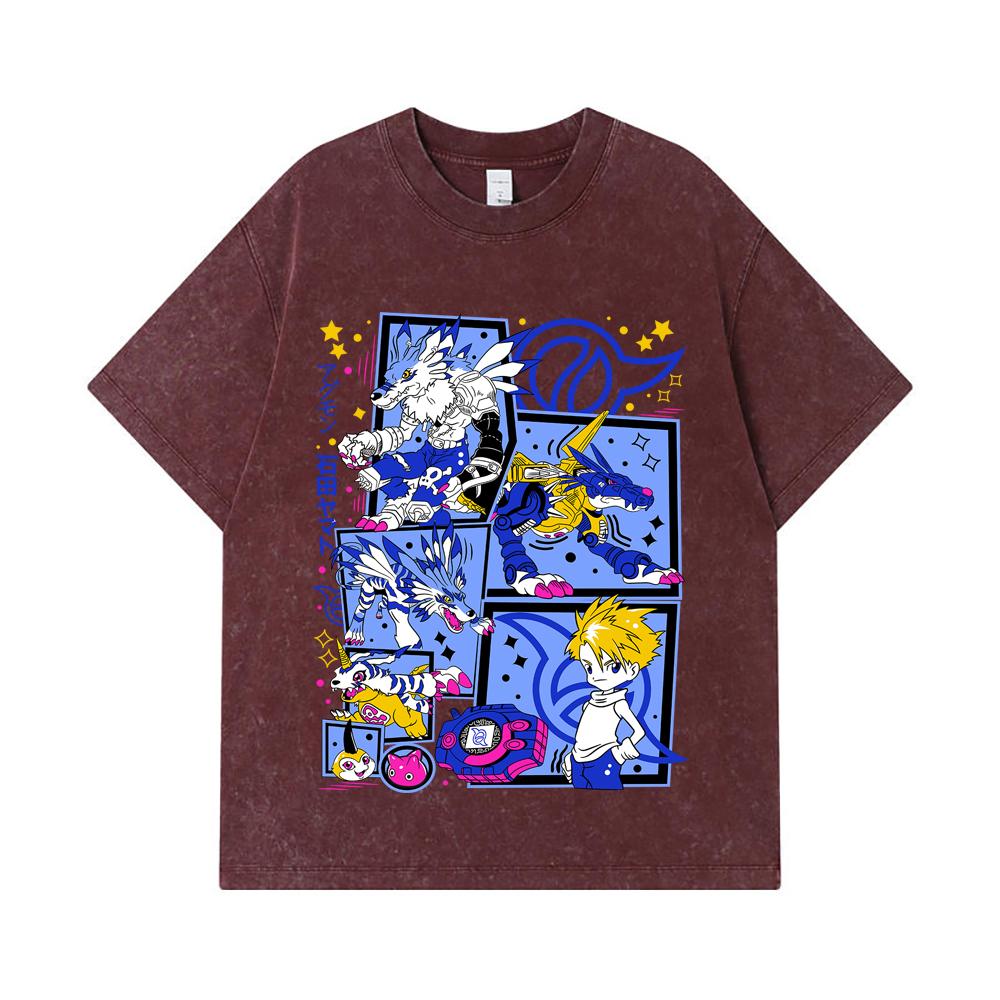 275 GSM Washed T-shirts 100% Cotton Digimon V2 Garurumon Print Unisex Heavy Cotton T Shirt
