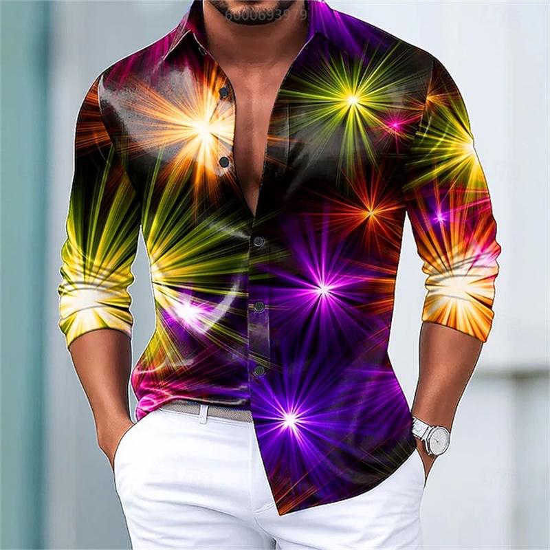 Stylish Colorful Firework Light Allover Print Men Long Sleeve Turn‑down Collar Button‑Up Shirt Party Wear
