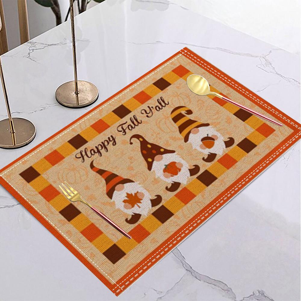 Halloween Linen Placemat Table Coffee Mat Orange Black Jack-o'-lantern Bat Plaid Pumpkin Gnome Happy Halloween Decorative