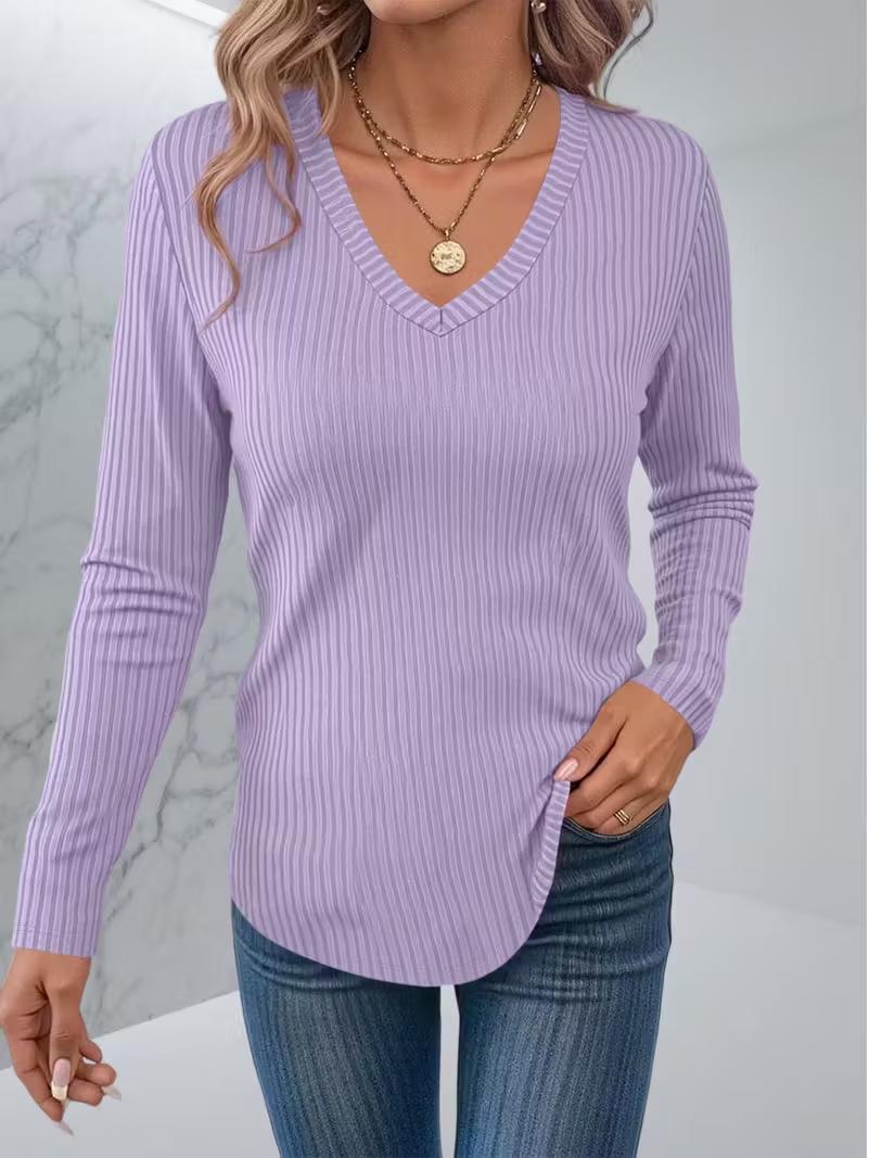 

2026 Stylish European & American V-Neck Solid Color Long Sleeve Casual T-Shirt M светло-фиолетовый