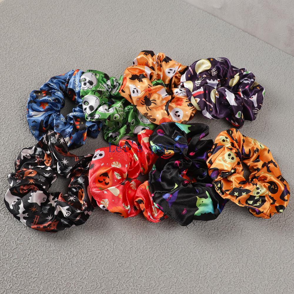 8Pcs Cartoon Ghost Pumpkin Hair Ties Skull Bat Satin Hair Band for Girl Halloween Theme Party Favors Goodie Bag Pinata Fillers