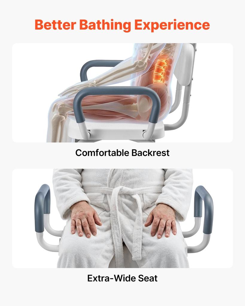 Swivel Shower Chair with Arms and Back, 180 kg Load Heavy Duty Bench Seat for Inside Shower Stall and Bathtub, Height Adjustable Bathroom Bath Tub