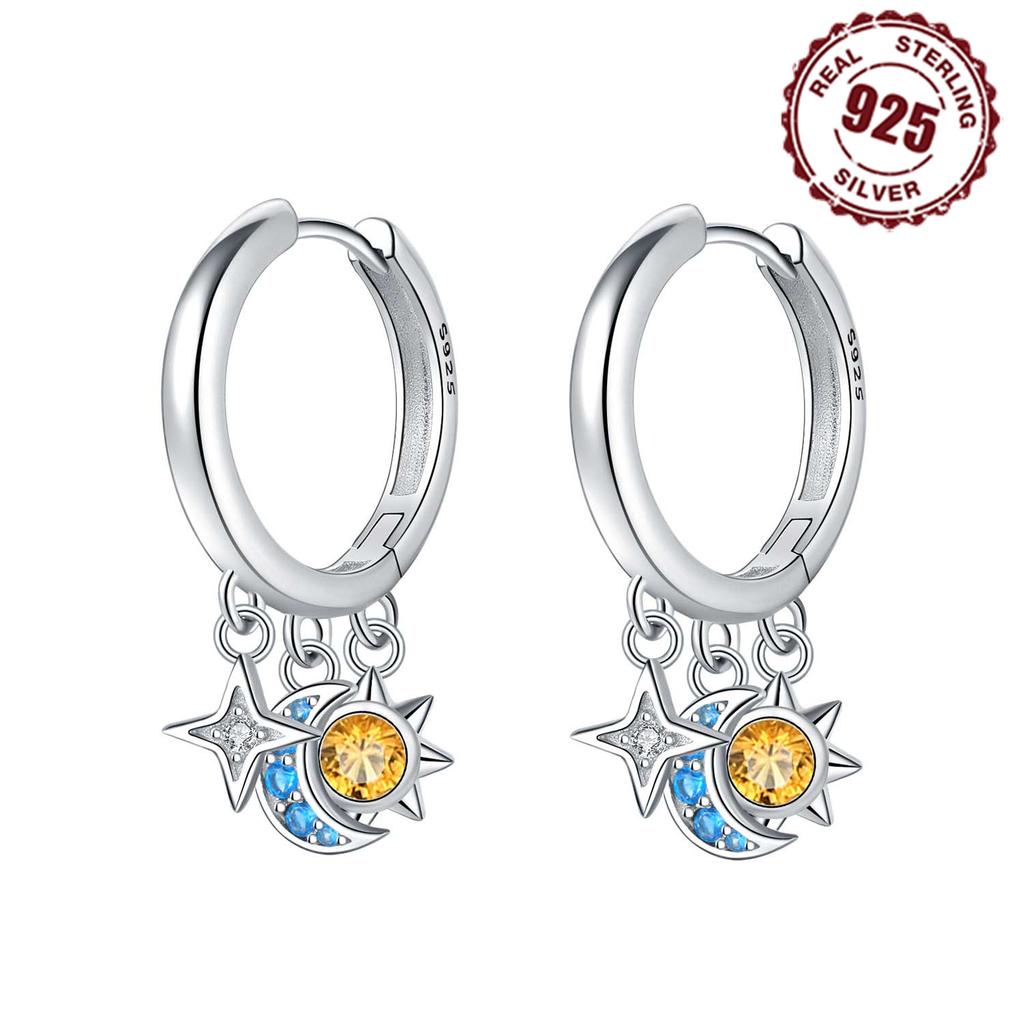925 Silver Star Moon Sun Tassel Earrings Jewelry Versatile Hoop Earrings For Women Jewelry Fine Birthday Party Gifts