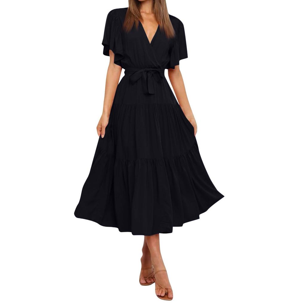 Women's Casual Loose Color V-Neck Short Sleeved Waist Dress Short Sleeved Waist Dress