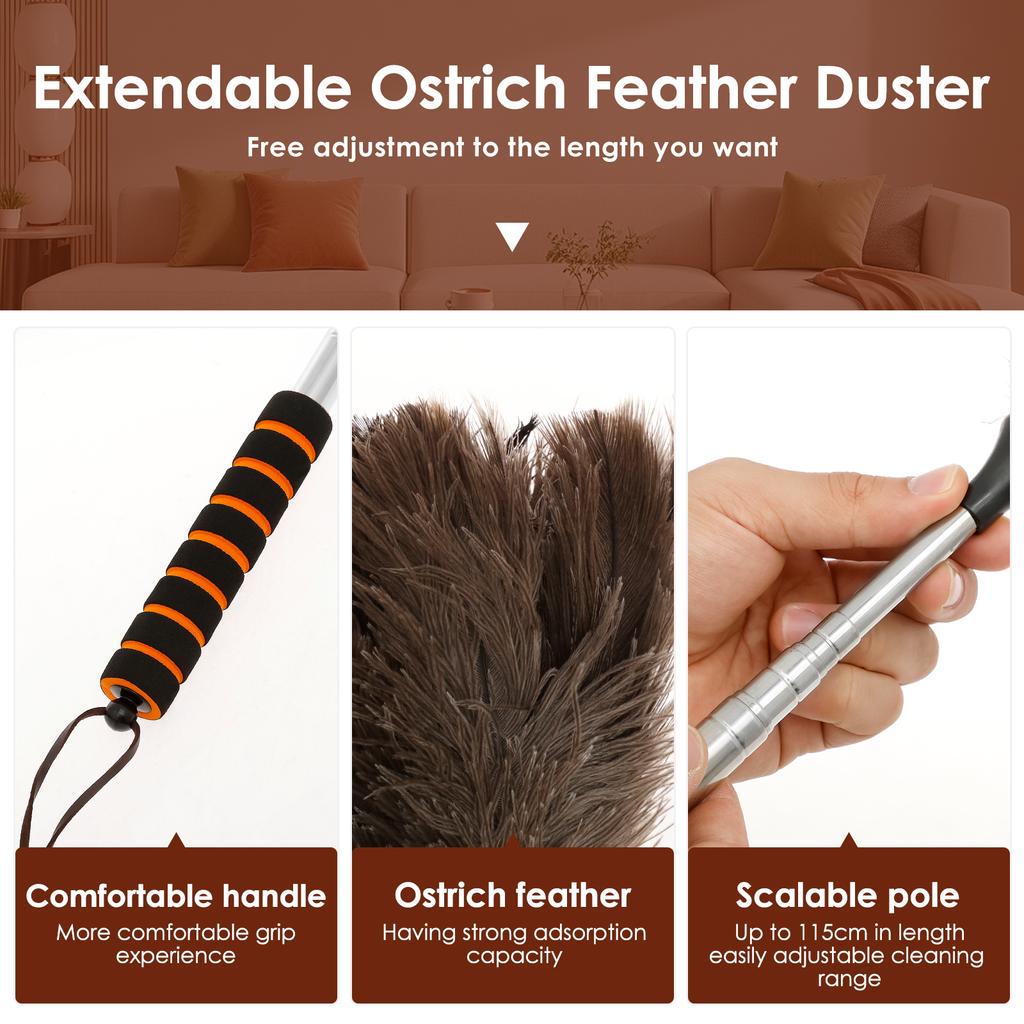 Extendable Ostrich Feather Duster With Stainless Steel Long Handle Brush Household Ceiling Fan Furniture Dust Cleaning Tool