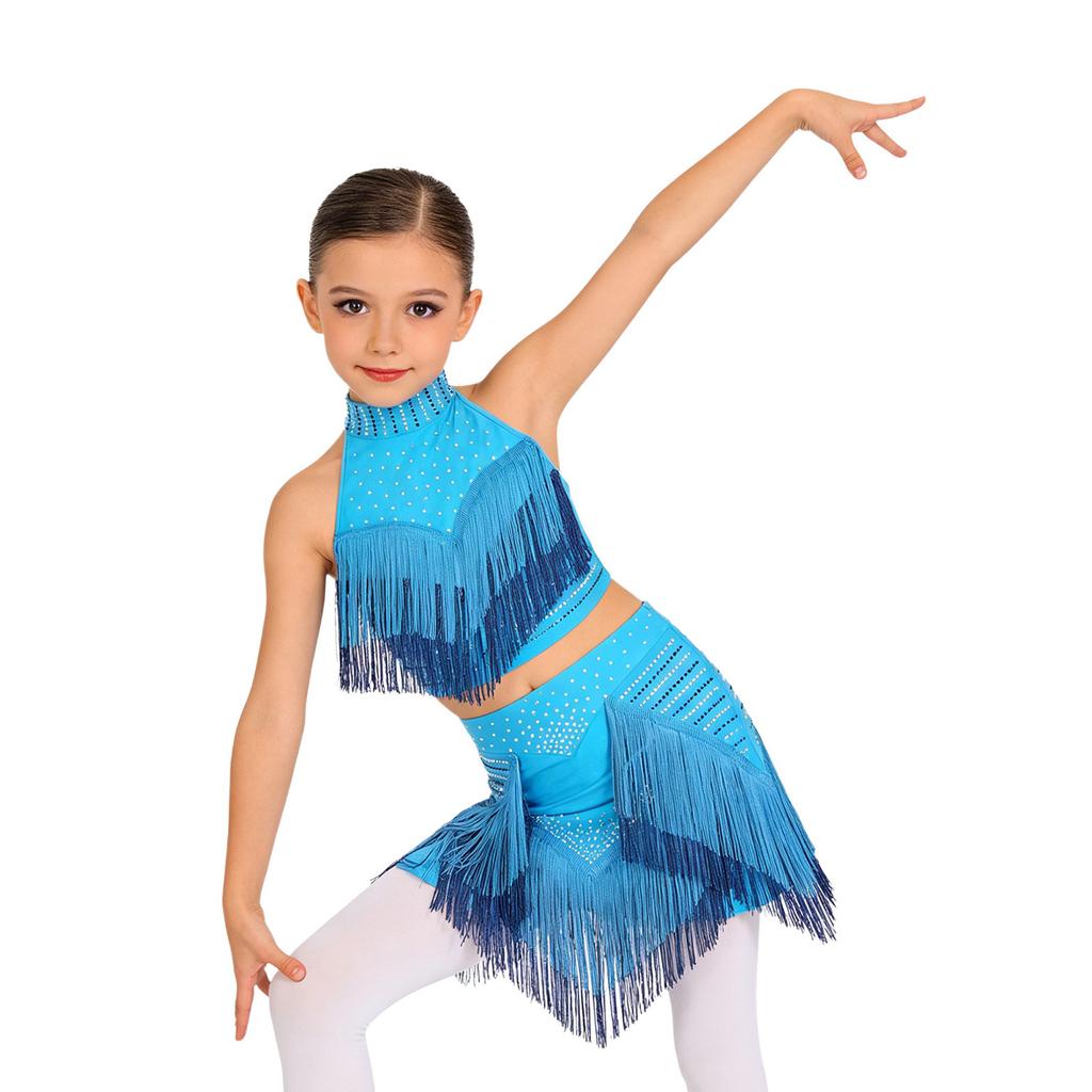 Top Corto Brillante con Borlas para Niñas, de Tirantes, sin Mangas, Espalda Descubierta, con Pantalón Corto Incorporado, Conjunto para Competición Latina