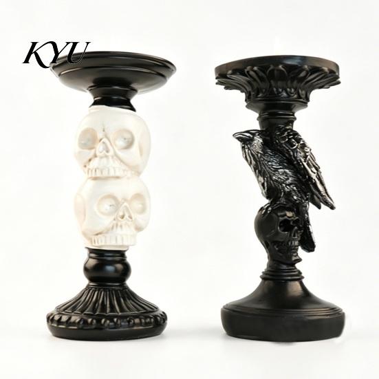 Handcrafted Sculpture Base Gothic Candlestick Holder, Halloween Resin Raven Skull Pillar Candle Holder Vintage Spooky Taper Stand for Home Table Decor