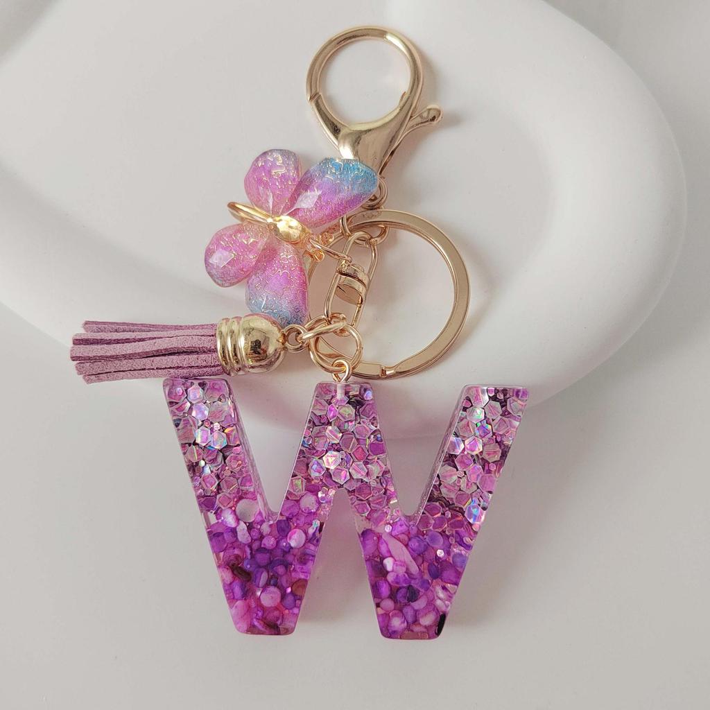 Purple Iridescent Resin Letter Keychain with Butterfly Tassel