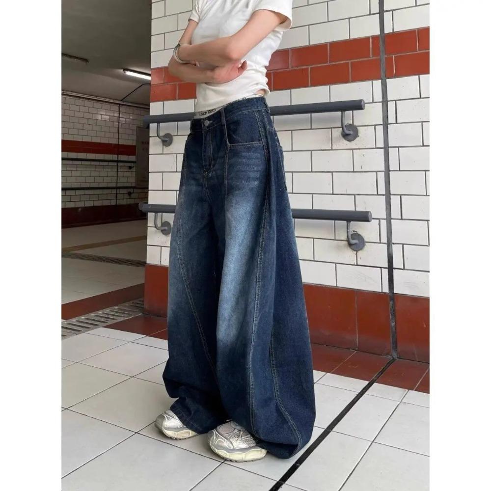 Women's High Waist Wide Leg Jeans Loose Fit Vintage Washed Panel Stitch Baggy Denim Trousers