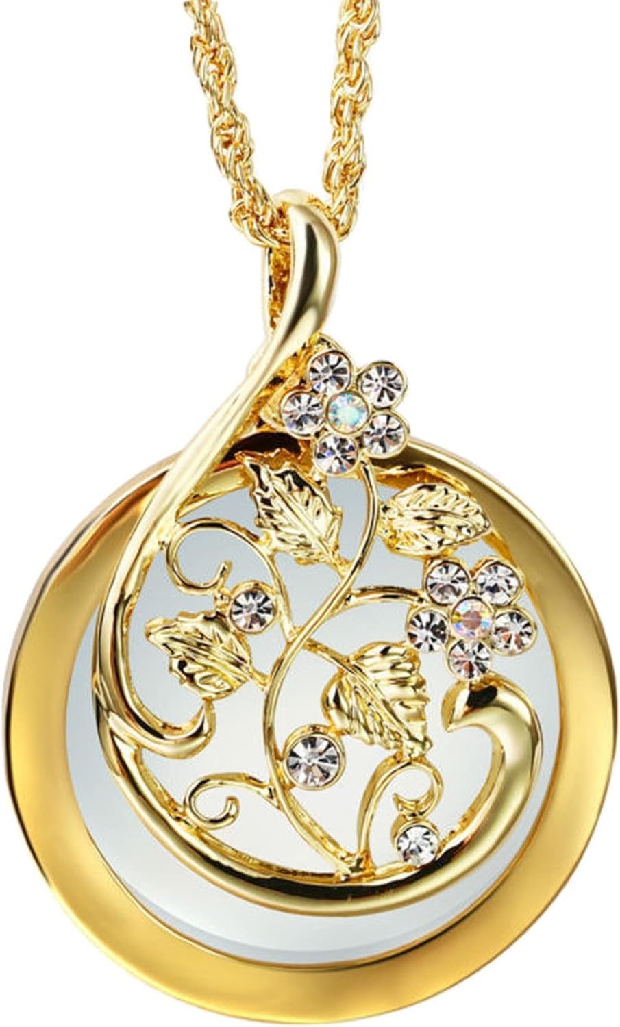 

Magnifying Glass Pendant Necklace with Sparkling Rhinestones and Luxury Floral Openwork Pattern (Gold) золотий