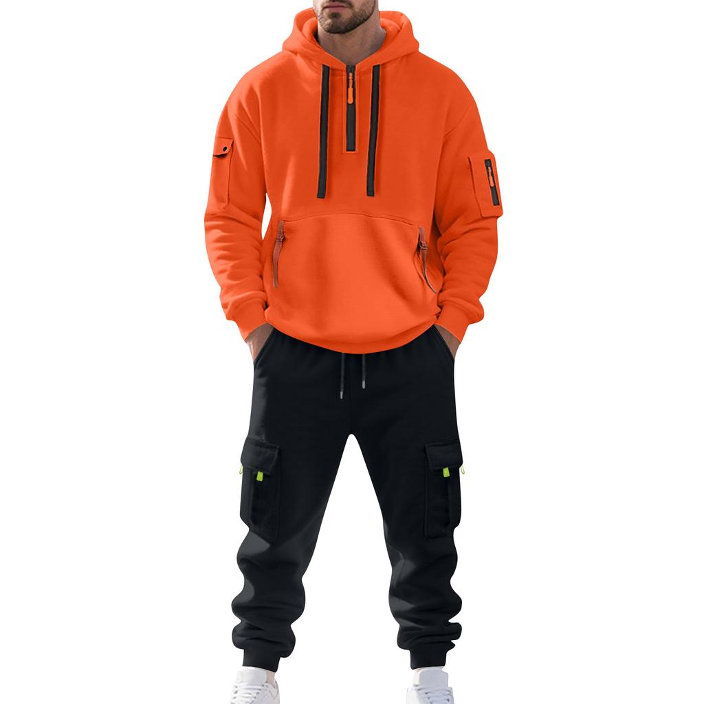 Men's Solid Color Casual Suit Loose Sports Hooded Sweatshirt With Pockets Multi Pocket Overalls Suit