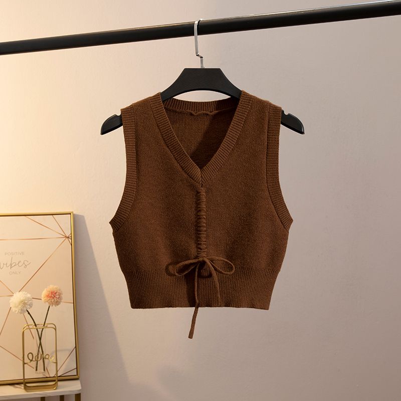 Spring and Autumn Short V-neck Tank Top with Drawstring Solid Color Pullover Sweater Vest