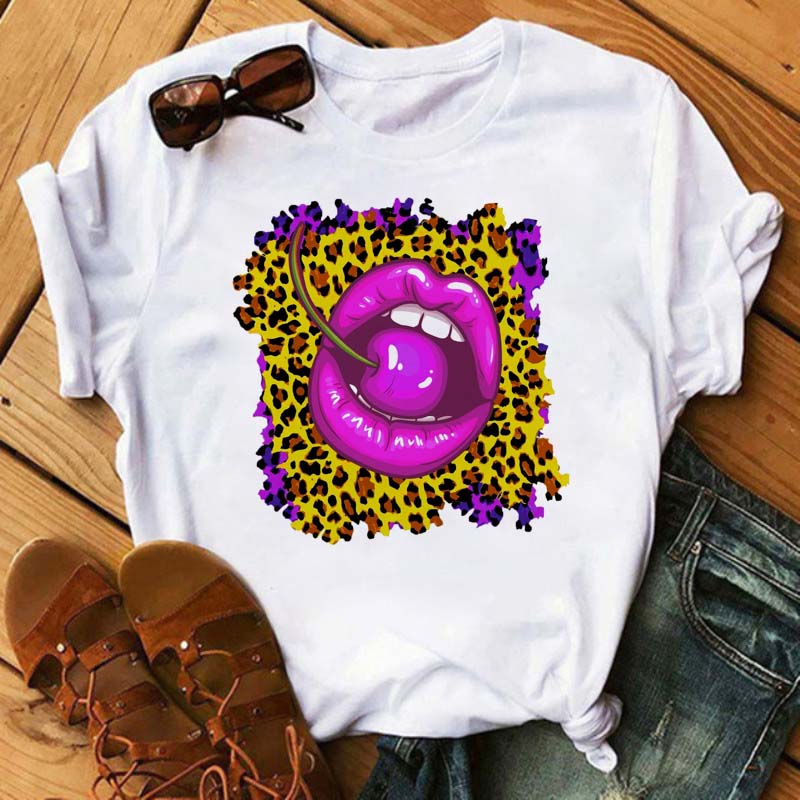 New Unisex Pink Lips Leopard Graphic T Shirt Casual Fahion Oneck Sexy Black Tees Kiss Lip Funny Girls Tshirtdrop Shipping
