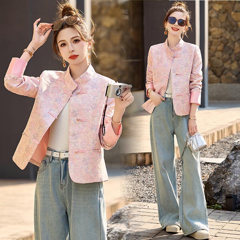 2025 Spring/Autumn Women's Chinese-Style Jacquard Coat with Frog Buttons, Stand Collar, Fashionable and Versatile (ZY8816)