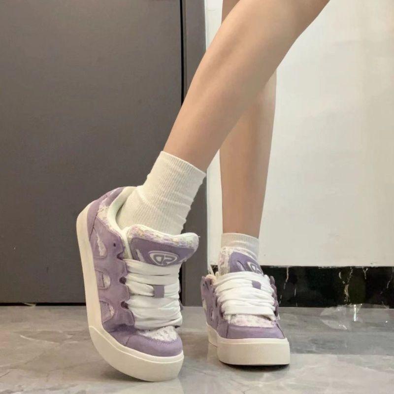 Guochao Mashed Taro Purple Light and Breathable Letter Sole Bread Shoes Women's Board Shoes Thousand Bird Grid Casual Shoes