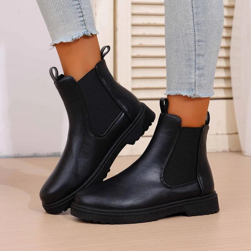 Womens Boots Casual Chelsea Ankle Boots Round Toe Black Pu Leather Short Boots Woman Comfort Low Heels Slip On Shoes Botas Mujer