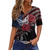 Women's Casual V Neck Short Sleeve T Shirt with Button Detail Independence Day Print Butterfly and Floral Pattern Top
