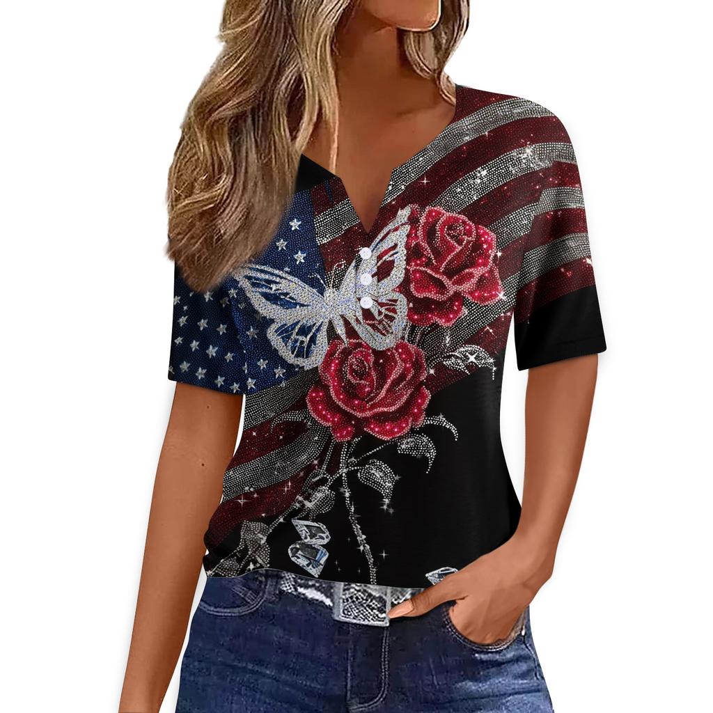 Women's Casual V Neck Short Sleeve T Shirt with Button Detail Independence Day Print Butterfly and Floral Pattern Top