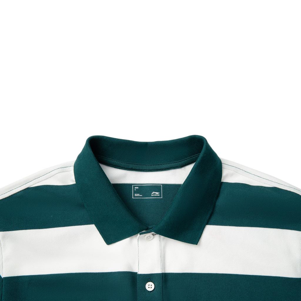 Li Ning Sport Lifestyle Series Striped Minimalist Breathable Versatile Short Sleeve Polo Shirt Men Polo Shirts Off-White Dark-Reef-Green APLV093-2