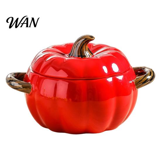 Ciotola da Zuppa con Coperchio, Manico Doppio, Zucca, Adatta al Microonde, Decorativa, Pratica, Regalo Cucina per Casa, Ciotola in Ceramica, Pentola Resistente al Calore per Stufati