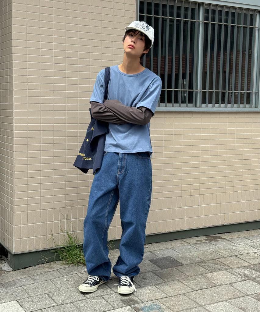 SIGNATURE Border Sleeve Layered Long Sleeve T-Shirt [Blue]