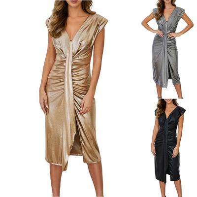 Women's Fashionable Solid Color Sexy Waist Cinching Temperament Pleated Evening Dress