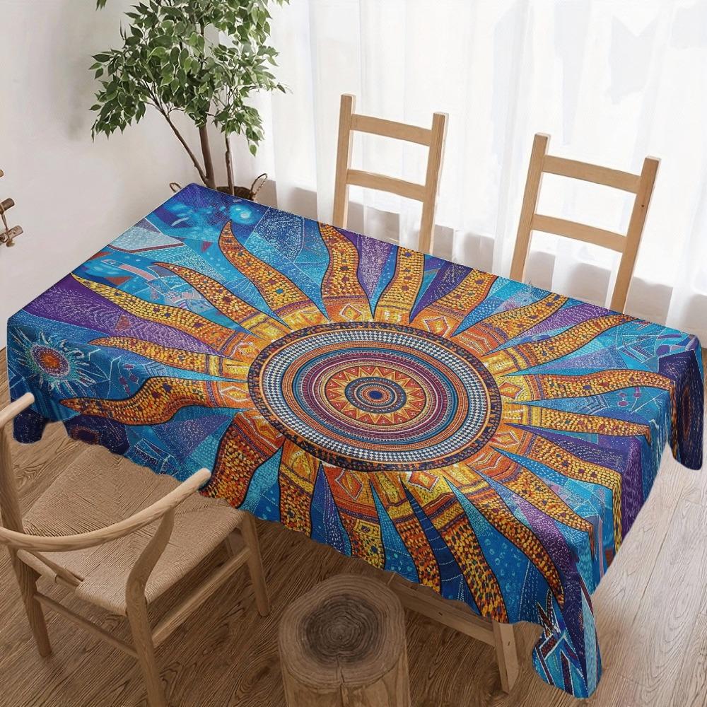 Mandala Sunburst Rectangle Table Cloth for Table Decor Kitchen Dining Waterproof Reusable Tablecloth for Table Indoor Outdoor