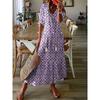 Women's V Neck Floral Print Short Sleeve Tassel Tie Loose Fit Maxi A-Line Dress