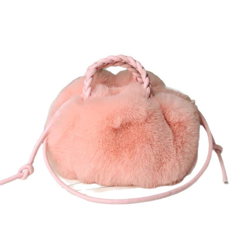 Women's Fashionable Versatile Faux Rabbit Fur Pumpkin Handbag & Crossbody Bag